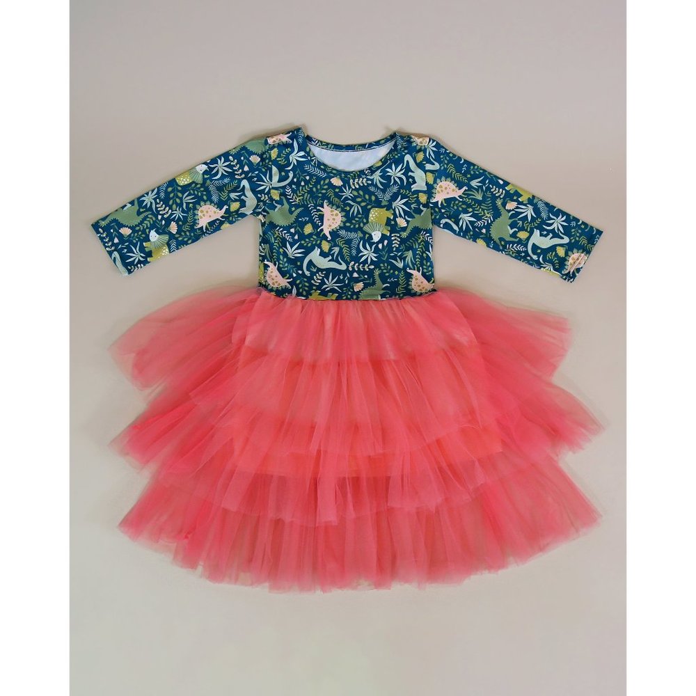 Green and Coral Dinosaur tutu Dress - Girls Tutu Dress, Birthday Dino Dress